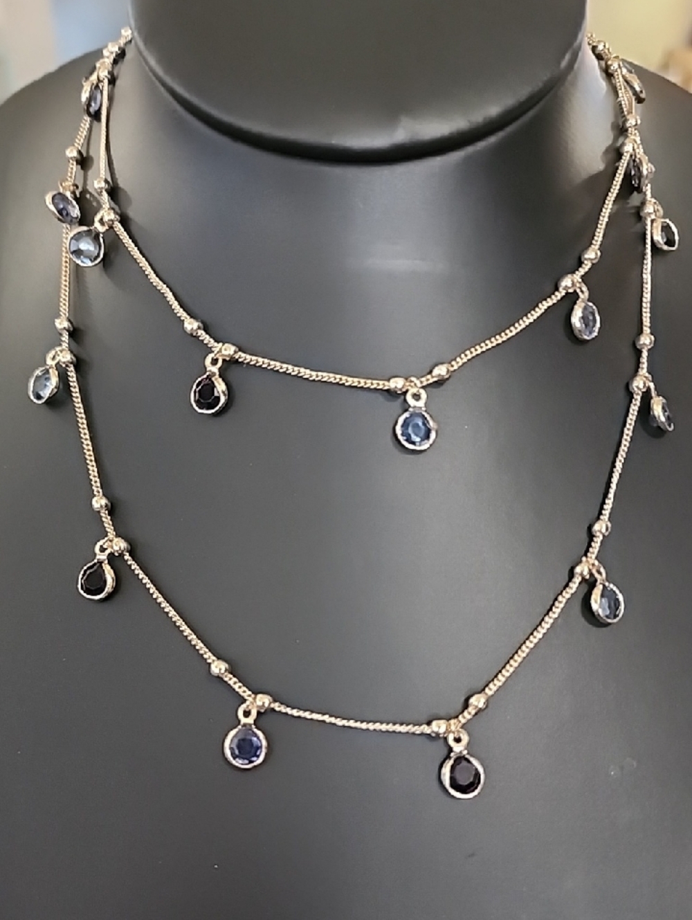 Delicate Gold Necklace with Blue Gem Drops